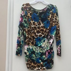 Boston Proper Leopard Floral Print Ruched Sides Banded Hem Dolman Sleeve Top